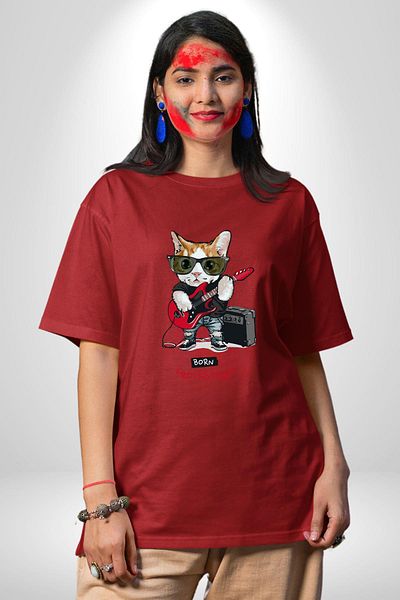 Angemiel Cat Rockstar Music Doesn'T Stop! Cover the Guitar Red Oversize Women's Men's Front Printed T-Shirt