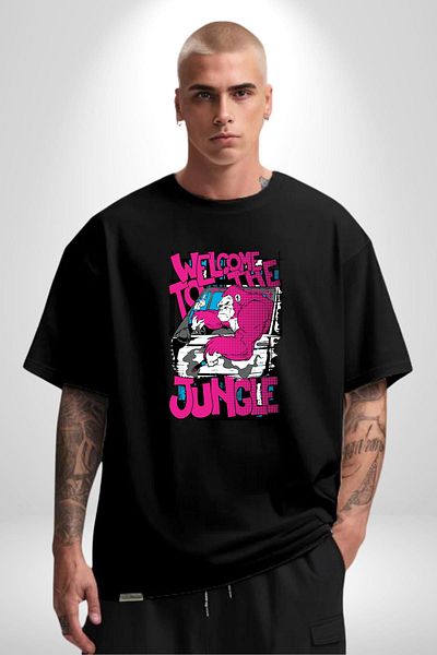 Angemiel Don'T Be Afraid, Come! Step into the Wild! Black Oversize Women's Men's Front Printed T-Shirt