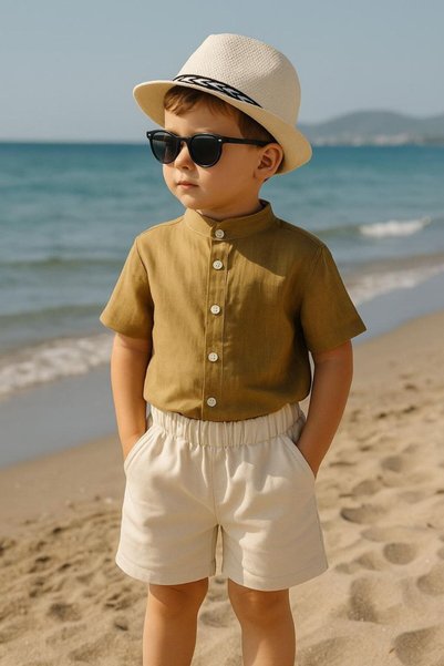 GÖKJOY BUTİK Quality Hat Included 3-Piece Boy's Shirt and Shorts Suit
