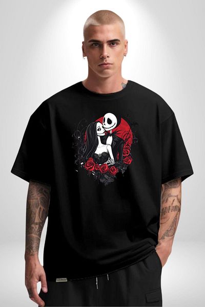 Angemiel Horror and Romance Themed Jack & Sally Black Oversize Women's Men's Front Printed T-Shirt