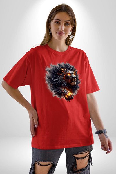 Angemiel Leo Special Design Red Oversize Women's Men's Front Printed T-Shirt