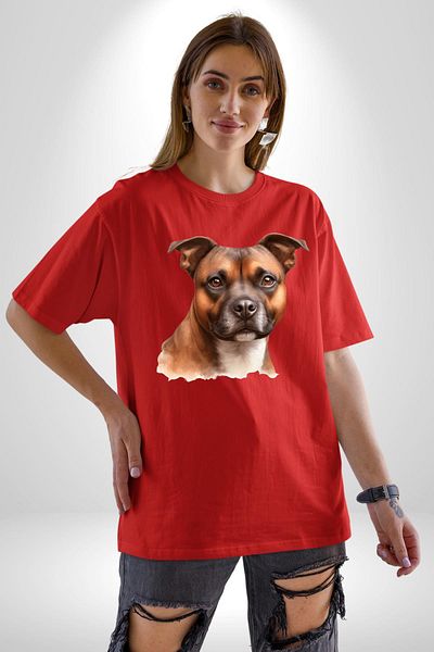 Angemiel Staffordshire Bull Terrier Dog Red Oversize Women's Men's Front Printed T-Shirt
