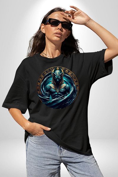 Angemiel Nu Kaos and the Primordial Water God Egypt Black Oversized Unisex Front Printed T-Shirt