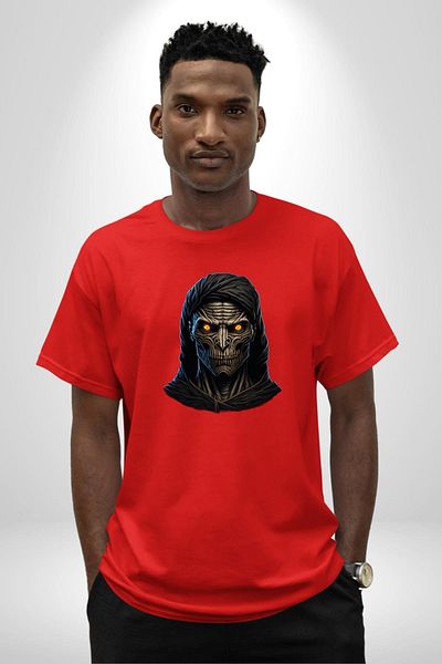 Angemiel Dark Halloween Gothic Red Hooded Skull Red Oversize Women's Men's Front Printed T-Shirt