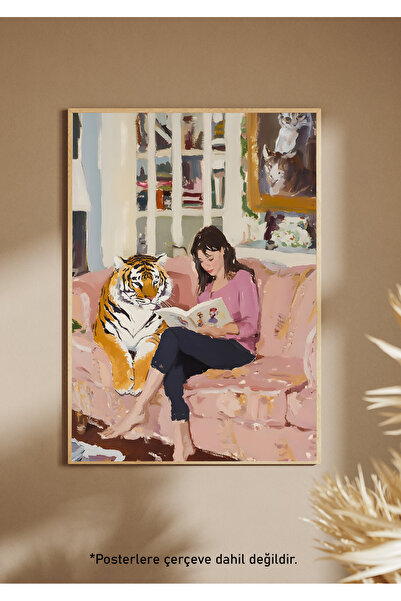 One Little Happiness READING TIGER Αφίσα Αισθητική αφίσα τοίχου , Αφίσα χωρίς...
