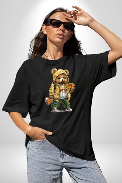 Angemiel Taco and Burger Fast Food Themed Teddy Bear Black Oversize Women's Men's Front Printed T-Shirt