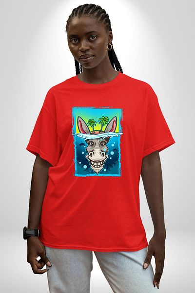 Angemiel Tropical Island Design with Donkey Summer Red Oversize Women's Men's Front Printed T-Shirt