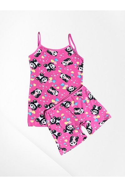 elmas kids Girl's 100% Cotton Fabric Pink Panda Patterned Thin Strap Athlete Boxer Set