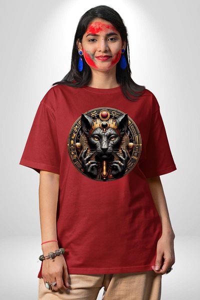 Angemiel Sekhmet Warrior and Goddess of Healing Egyptian Red Oversize Women's Men's Front Printed T-Shirt