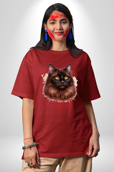 Angemiel Ragdoll Cat Siamese Cat's Long-Haired Version Red Oversize Women's Men's Front Printed T-Shirt