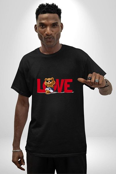 Angemiel Love Printed Cute Bear and Relaxing Love Black Oversize Women's Men's Front Printed T-Shirt