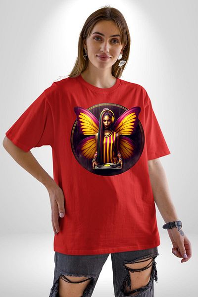 Angemiel Yellow Red Winged Butterfly Dj Fan Red Oversize Women Men Front Printed T-Shirt