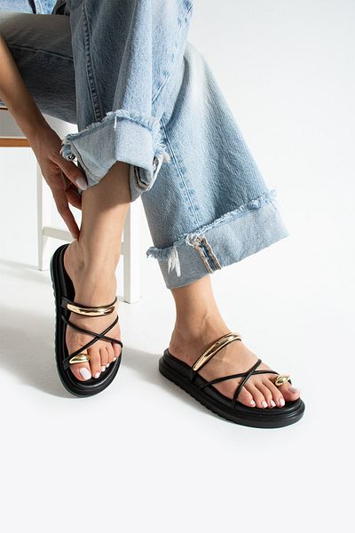 DUXAL SHOES Tatum Women's Black Trend Cross Strap Comfortable Sole Gold Detailed Flip Flops - Sandals