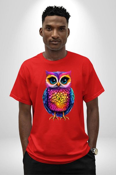 Angemiel Neon Colors Owl Red Oversize Women's Men's Front Printed T-Shirt
