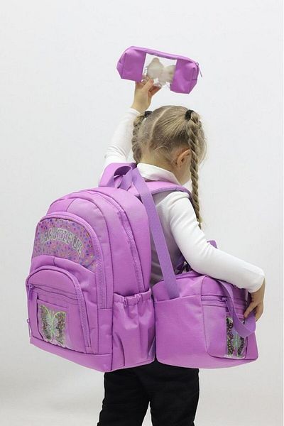 Weynes Light Purple Girl's Teddy Bear 3-Piece Set Quality Fabric Primary School Bag Wsb5036