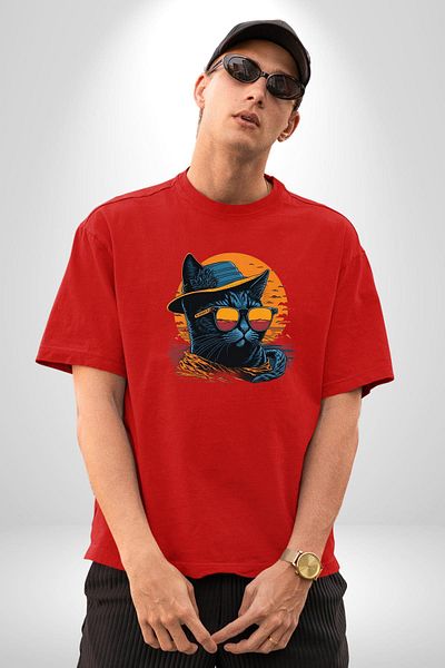 Angemiel Cool Red Cat Glasses and Hat Red Oversize Women's Men's Front Printed T-Shirt