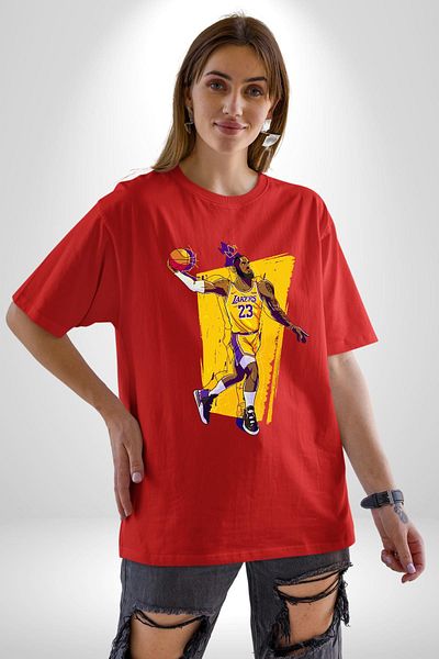 Angemiel Basketball Cartoon Special Design Red Oversize Women's Men's Front Printed T-Shirt