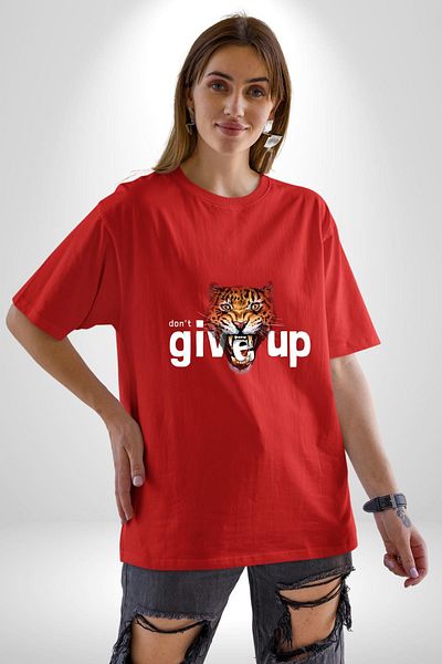 Angemiel Quit Printed Tiger Motivational Design Red Oversize Women's Men's Front Printed T-Shirt