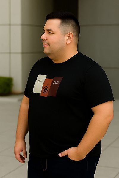 Maccali Men's Printed Short Sleeve Large Size Loose Black T-Shirt