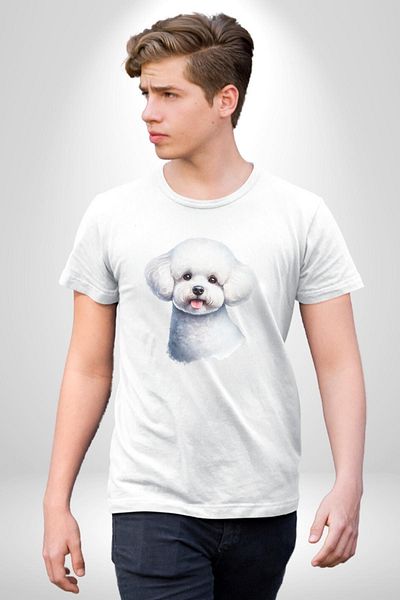 Angemiel تي شيرت Bichon Frise White Sweet Small Breed Dog أبيض كبير الحجم للنساء والرجال مطبوع من الأمام