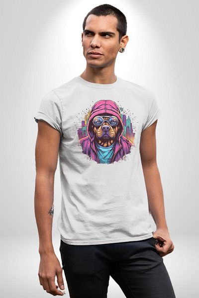 Angemiel تي شيرت مطبوع عليه Graffiti Street Art Dog Pattern أبيض كبير الحجم للنساء والرجال