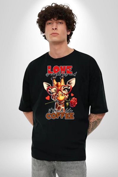 Angemiel The Combination of Coffee and Love Rose Heart Glasses Black Oversize Women's Men's Front Printed T-Shirt