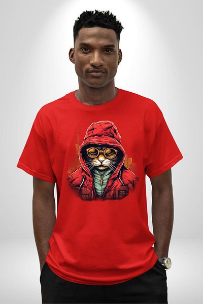 Angemiel Hooded Cat Patterned Red Oversize Women's Men's Front Printed T-Shirt