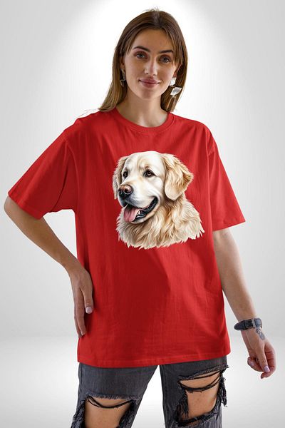Angemiel Cute Golden Retriever Dog Friendly Red Oversize Women's Men's Front Printed T-Shirt