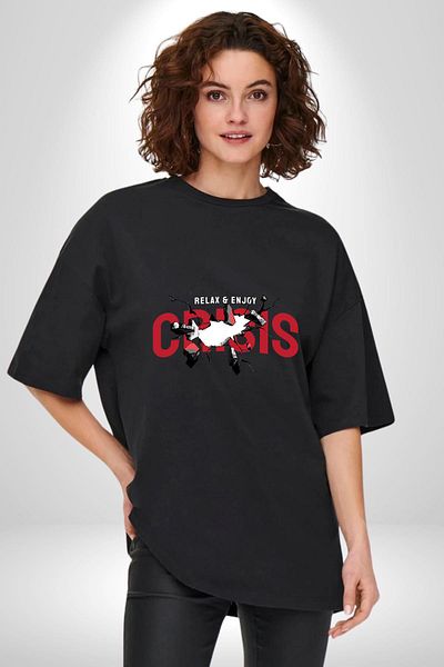 Angemiel Crisis Kaosu Embrace, Find Peace! Black Oversize Women's Men's Front Printed T-Shirt