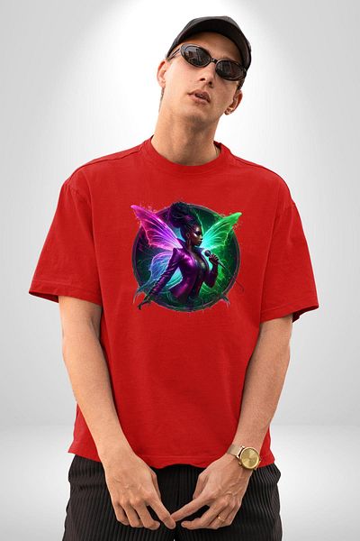 Angemiel Music Red Oversize Women Men Front Printed T-Shirt with Shiny Wings and Microphone