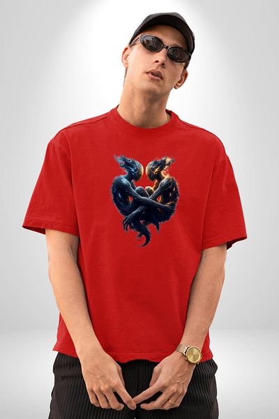 Angemiel Twins Buçu Special Design Red Oversize Women's Men's Front Printed T-Shirt