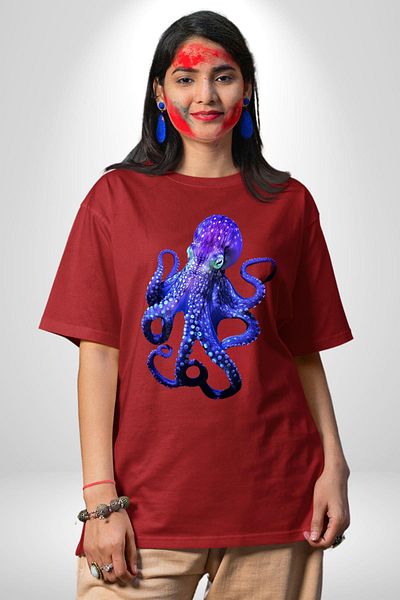 Angemiel Blue Octopus Ocean Themed Red Oversize Women's Men's Front Printed T-Shirt