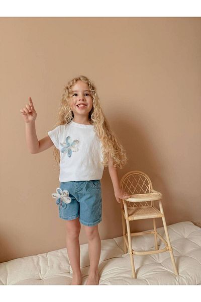 YİGİT BUTİK Yigit Boutique Applique Floral Denim Shorts Girl's Suit