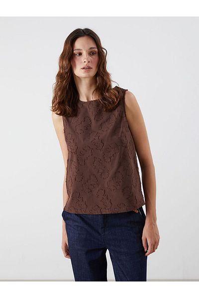 LC Waikiki Brown Crew Neck Embroidered Blouse
