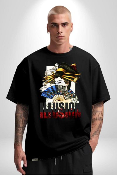 Angemiel Mysterious Geisha Illusion Black Oversize Women Men Front Printed T-Shirt