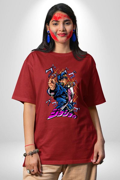 Angemiel Jojo's Bizarre Adventure Jotaro Anime Character Red Oversize Women Men Front Printed T-Shirt