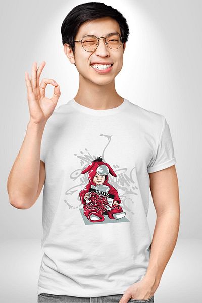 Angemiel تي شيرت مطبوع من الأمام للنساء والرجال من Love and Innocence of Art Graffiti Rabbit باللون الأبيض