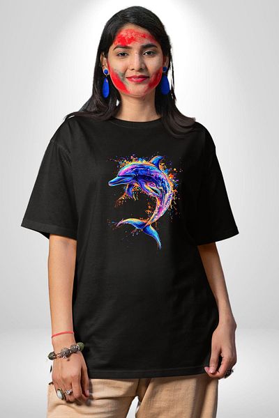 Angemiel Colorful Artistic Dolphin Neon Splash Black Oversize Women's Men's Front Printed T-Shirt