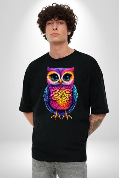 Angemiel Neon Colors Owl Black Oversize Women's Men's Front Printed T-Shirt
