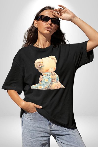 Angemiel Blue Floral Patterned Kimono Cute Teddy Bear Black Oversize Women's Men's Front Printed T-Shirt