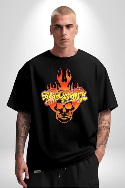 Angemiel Aerosmith Fire Skull Black Oversize Women's Men's Front Printed T-Shirt