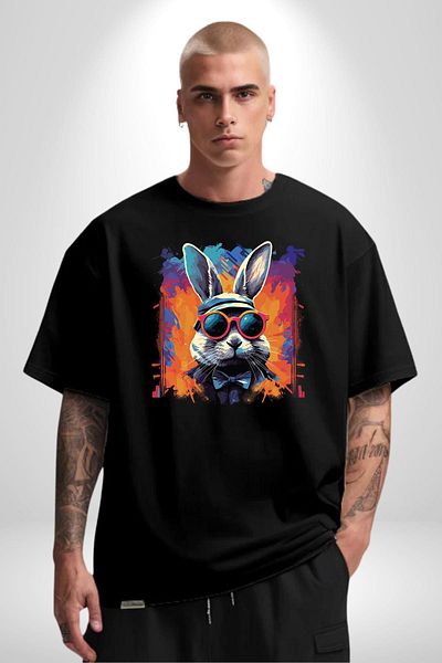 Angemiel Rainbow Party Glasses Bunny Black Oversize Women's Men's Front Printed T-Shirt