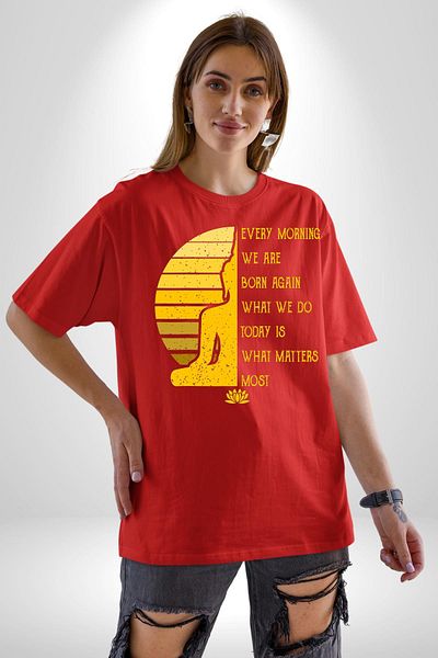 Angemiel Every Morning Rebirth Themed Motivational Yoga Red Oversize Women's Men's Front Printed T-Shirt