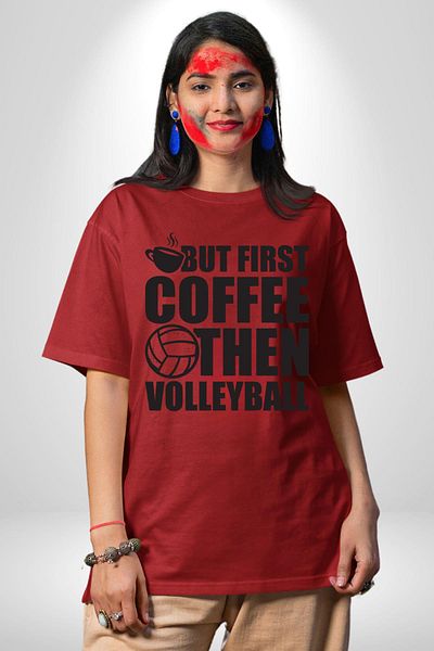 Angemiel Red Oversize Women's Men's Front Printed T-Shirt with Coffee First, Volleyball Later Written