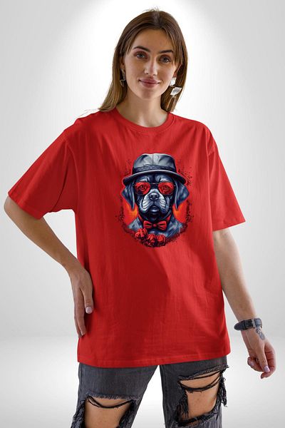 Angemiel Romantic  Dog Hat with Rose Red Oversize Women's Men's Front Printed T-Shirt