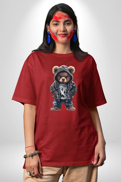 Angemiel Red Leather Jacket Gothic Rebel Teddy Bear Red Oversize Women's Men's Front Printed T-Shirt
