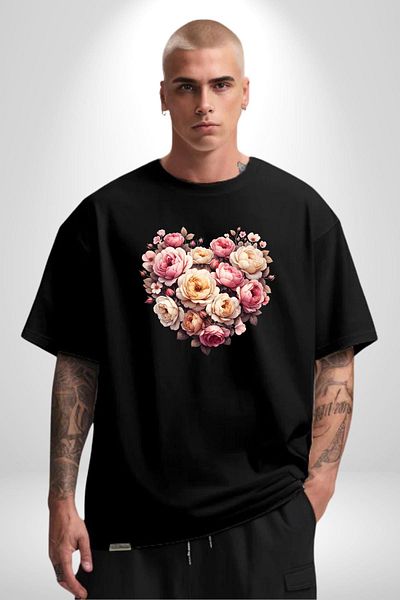 Angemiel Rose Heart Beauty Love Grace Icon Black Oversize Women's Men's Front Printed T-Shirt
