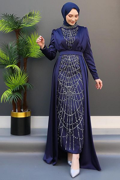 GİYZAMİLA Βραδινό φόρεμα με κεντημένη κάπα Navy Blue
