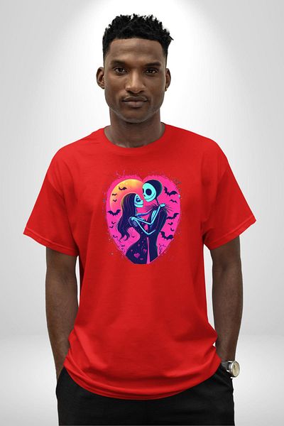 Angemiel Fear and Love Themed Jack & Sally Valentine's Day Red Oversize Women's Men's Front Printed T-Shirt