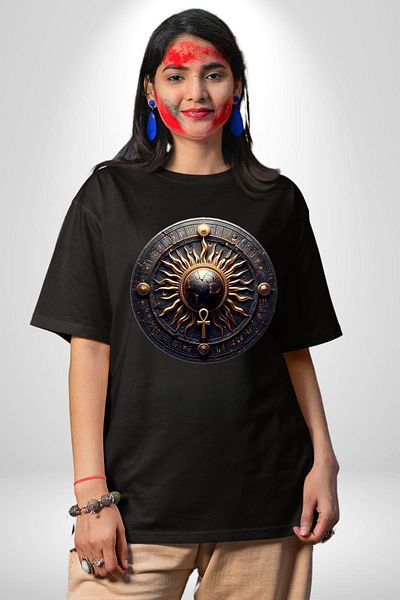 Angemiel Aten Egyptian Sun God God of Life Black Oversize Women's Men's Front Printed T-Shirt